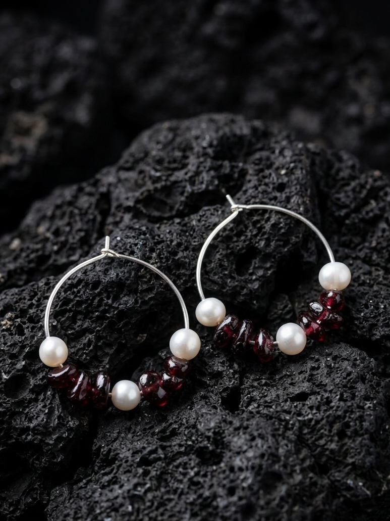 Freshwater Pearl & Purple Glass Sterling Silver Hoop Earrings