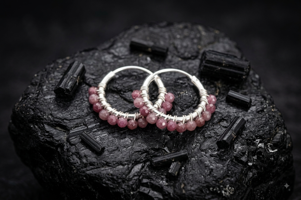 Sterling Silver 925 Hoop Earrings With Pink Tourmaline Stone