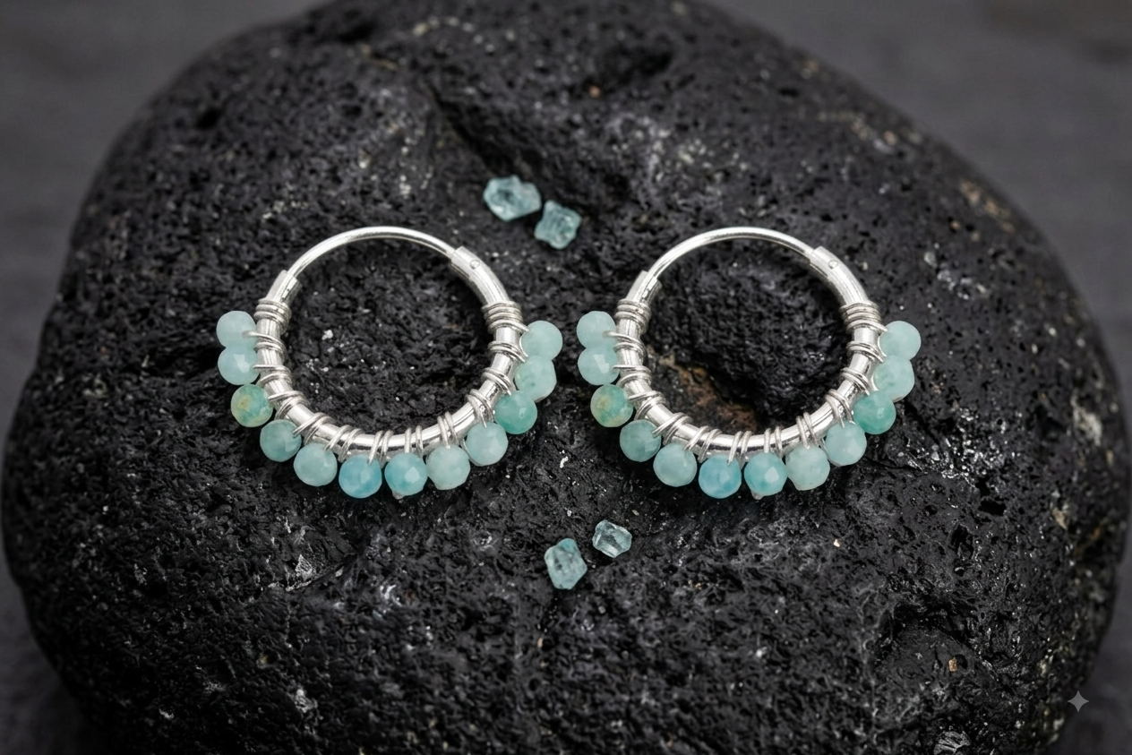 Sterling Silver 925 Hoop Earrings With Amazonite Stones