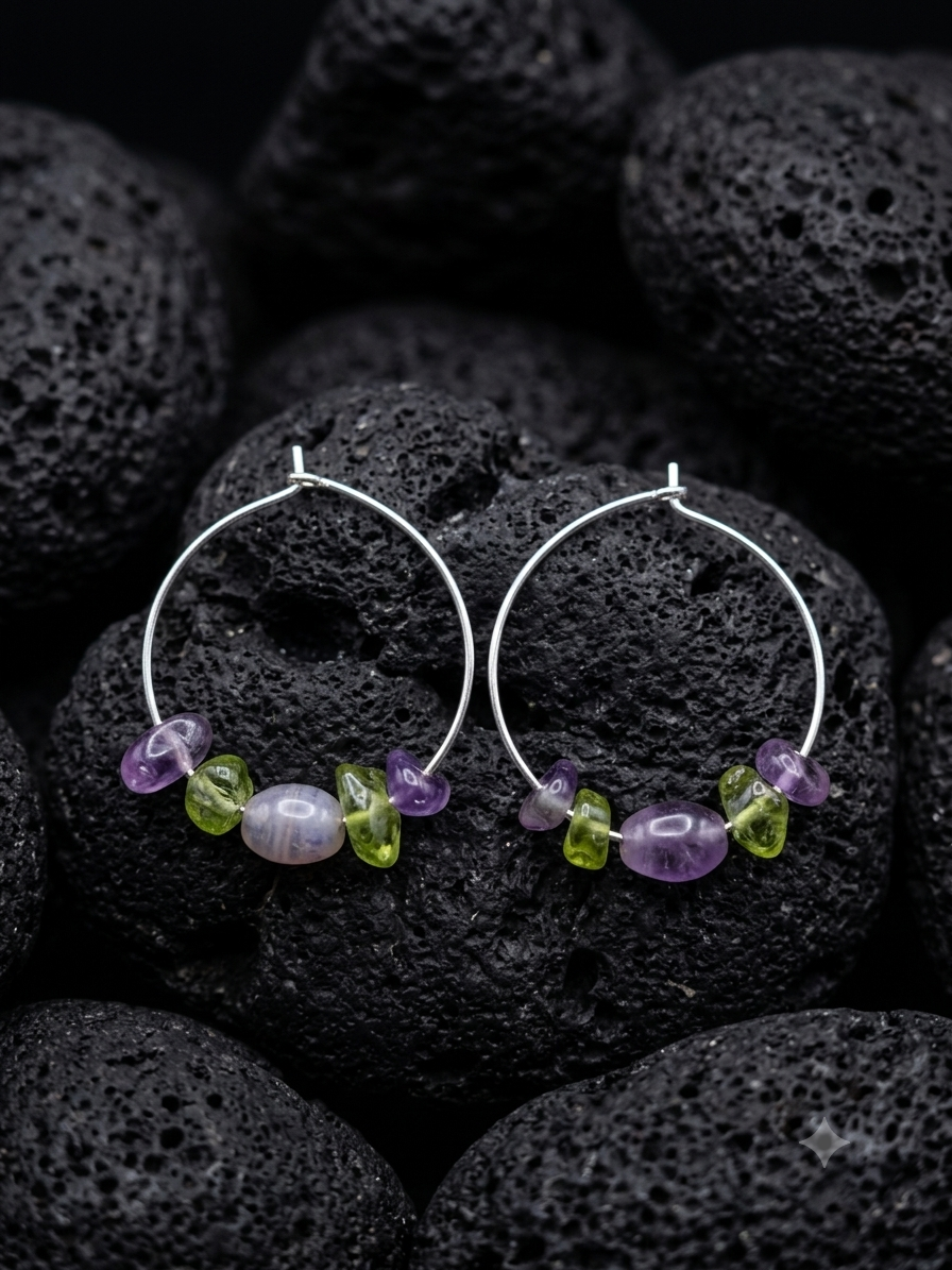 Sterling silver purple and green beaded hoops