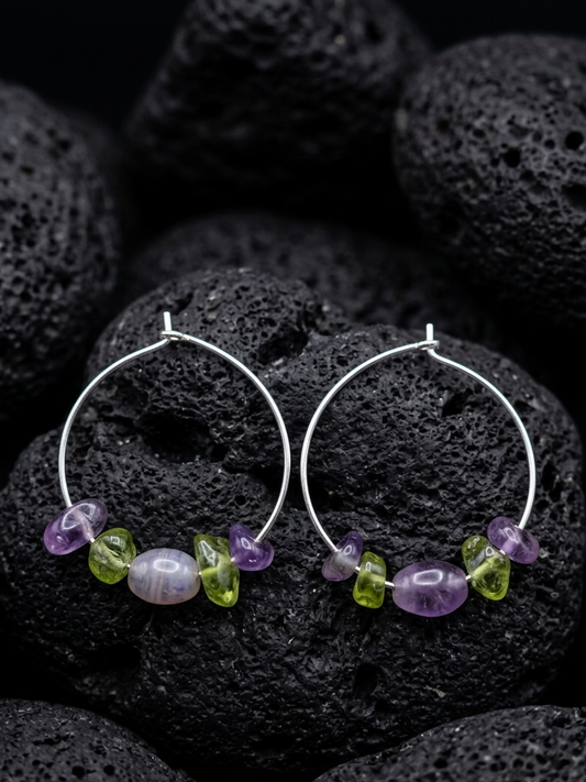 Sterling silver purple and green beaded hoops