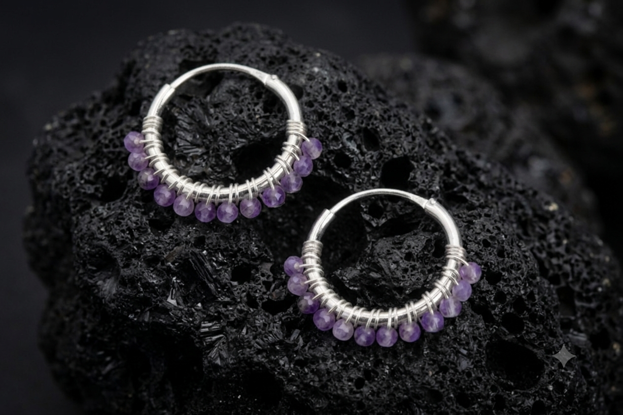 Sterling Silver 925 Hoop Earrings With Amethyst Stones