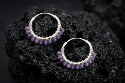 Sterling Silver 925 Hoop Earrings With Amethyst Stones