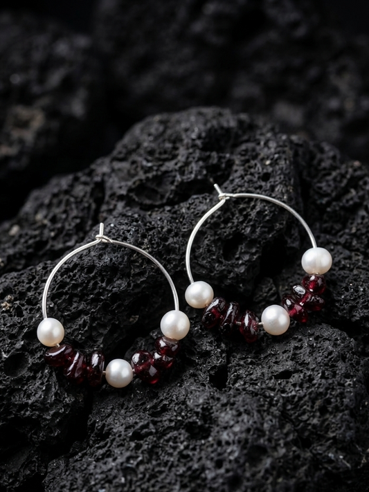 Freshwater Pearl & Purple Glass Sterling Silver Hoop Earrings