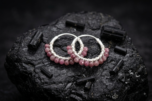 Sterling Silver 925 Hoop Earrings With Pink Tourmaline Stones